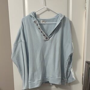Wonderly Sky Blue Hoodie with Patterned V-Neck